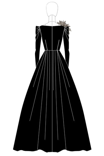 Satin noir col bateau manches longues Robe d’invité de mariage longue trapèze